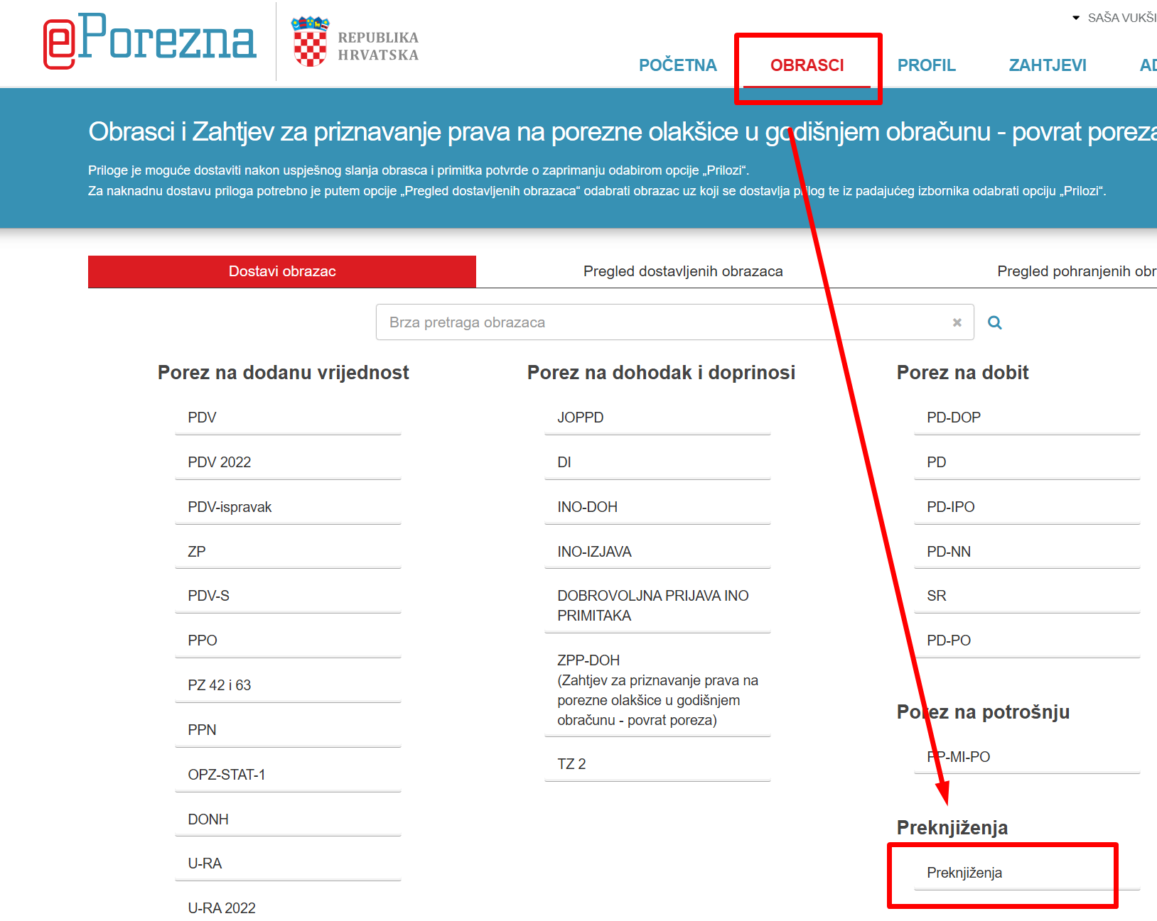 Odabir preknjizenja na ePoreznoj